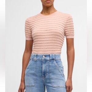 Frame Denim Pink Ribbed Smocked Fitted Short Sleeve Tee Small